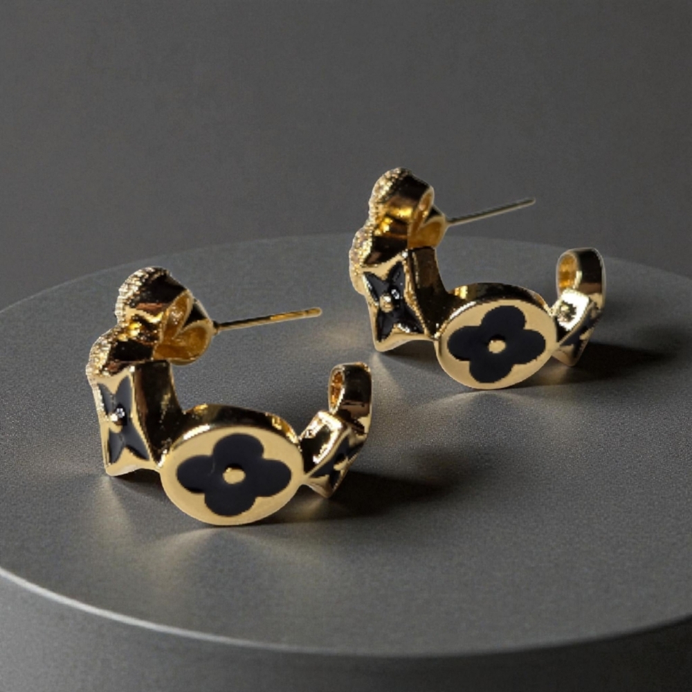 Luxury 18k Gold Plated Clover Flower Blossom Zircon Crystal Onyx Hoops Earrings - Picture 5 of 6